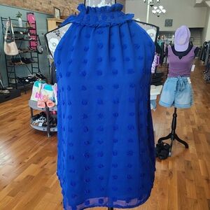 Vine & Love Swiss Dot Blue Sleeveless Blouse Size Small